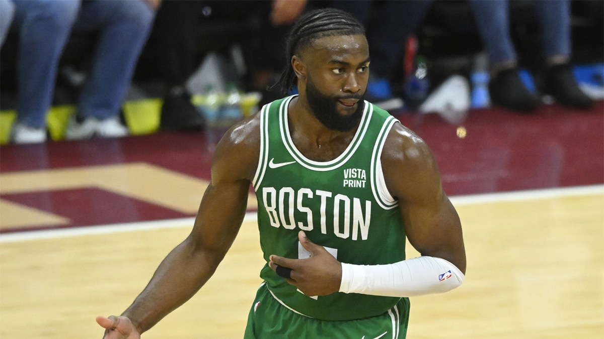Boston Celtics guard Jaylen Brown (7) celebrates after making a three-point basket against the Cleveland Cavaliers in the third quarter of game three of the second round of the 2024 NBA playoffs at Rocket Mortgage FieldHouse.