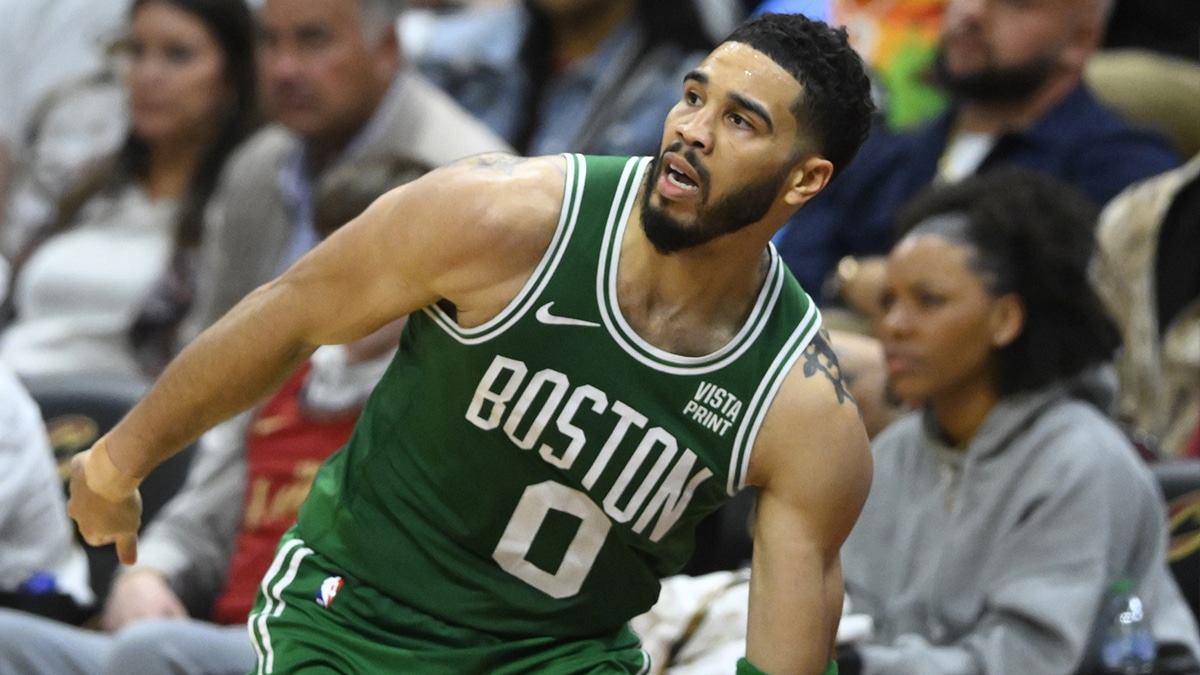 Boston Celtics forward Jayson Tatum (0) reacts in the fourth quarter of game three of the second round of the 2024 NBA playoffs against the Cleveland Cavaliers at Rocket Mortgage FieldHouse. 