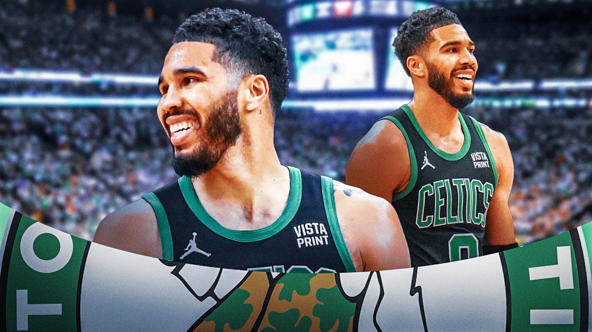 Jayson Tatum smiling/laughing on a TD Garden or generic Celtics background