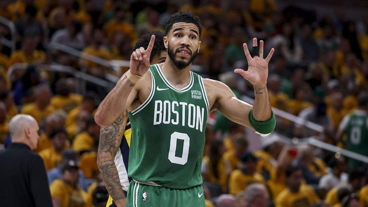 Boston Celtics forward Jayson Tatum (0) signals a play during the second quarter during game four of the eastern conference finals for the 2024 NBA playoffs at Gainbridge Fieldhouse.