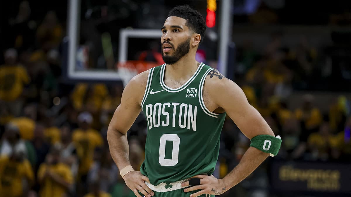 Boston Celtics forward Jayson Tatum (0) during the fourth quarter during game four of the eastern conference finals for the 2024 NBA playoffs at Gainbridge Fieldhouse.