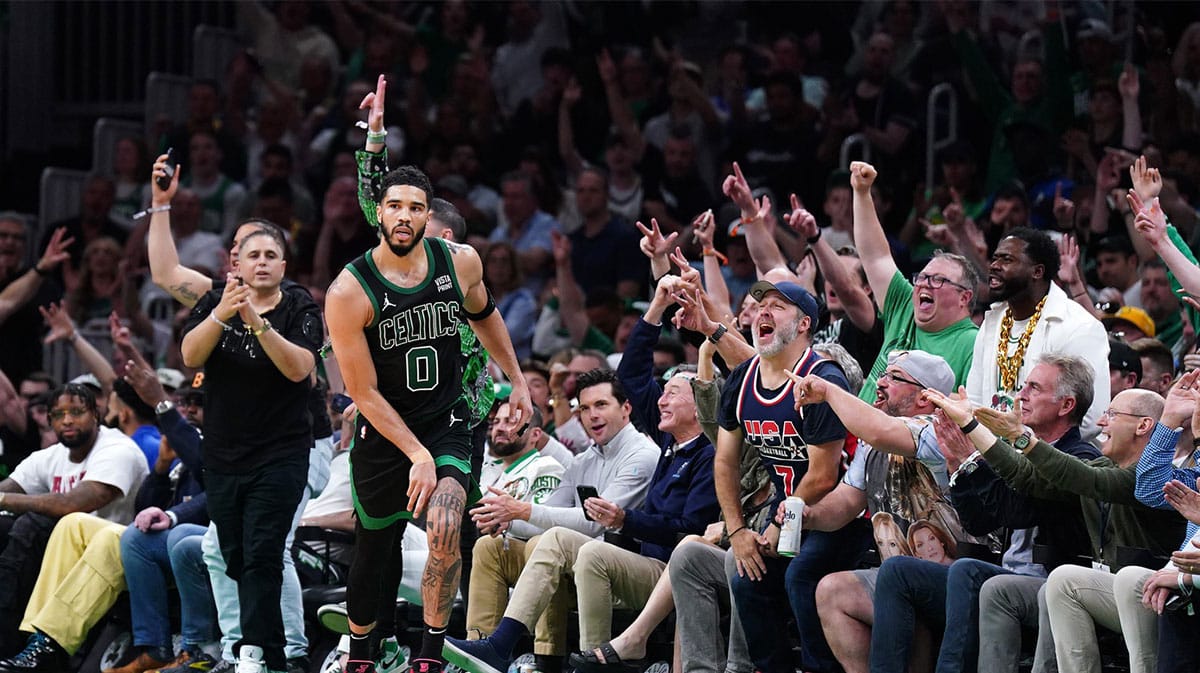 Boston Celtics forward Jayson Tatum (0) reacts after a play against the Indiana Pacers in the first half during game two of the eastern conference finals for the 2024 NBA playoffs at TD Garden.