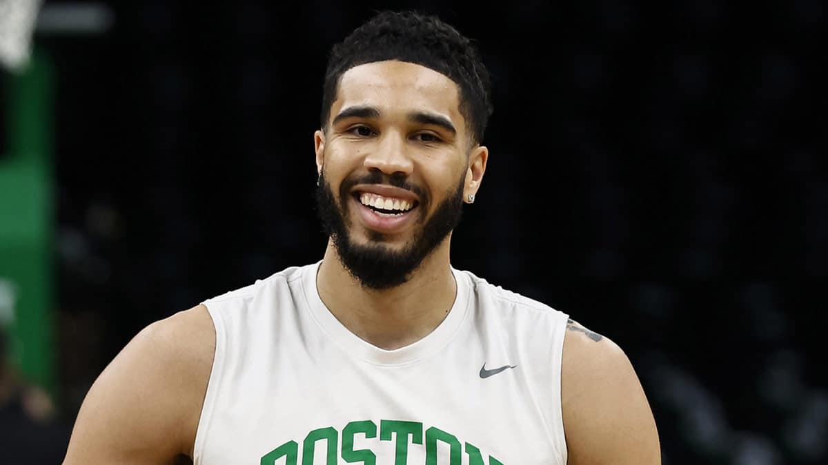 Boston Celtics forward Jayson Tatum (0) smiles before game one of the second round of the 2024 NBA playoffs against the Cleveland Cavaliers at TD Garden.
