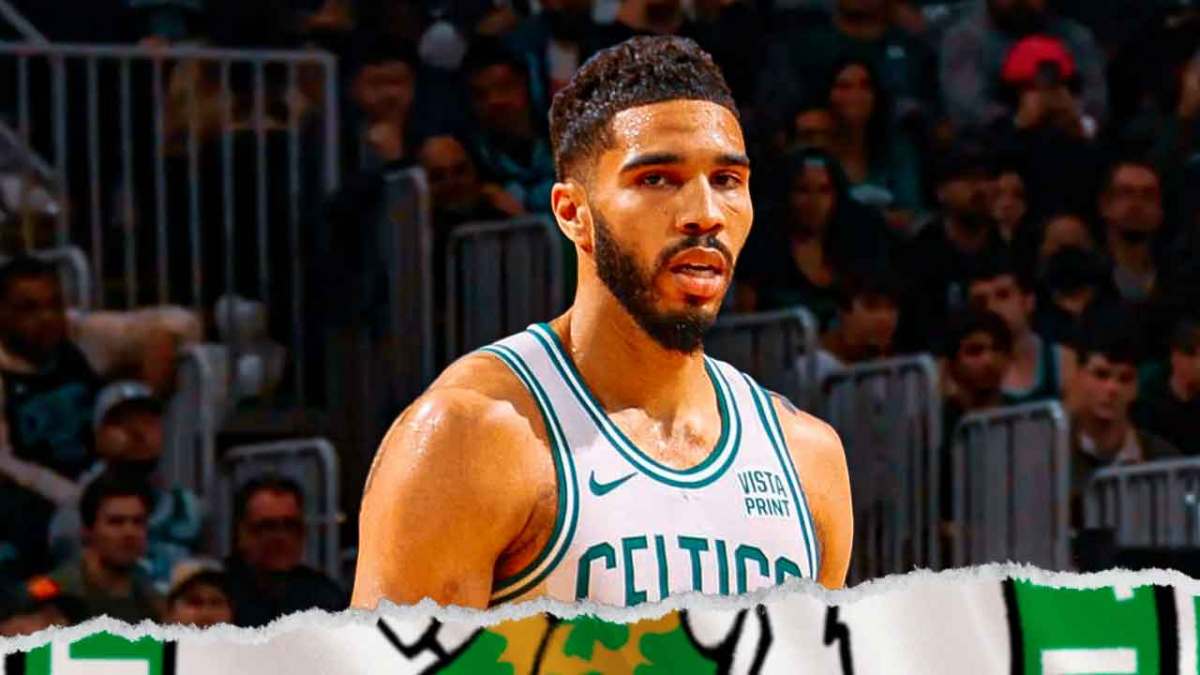 Jayson Tatum looking serious on a basketball court background