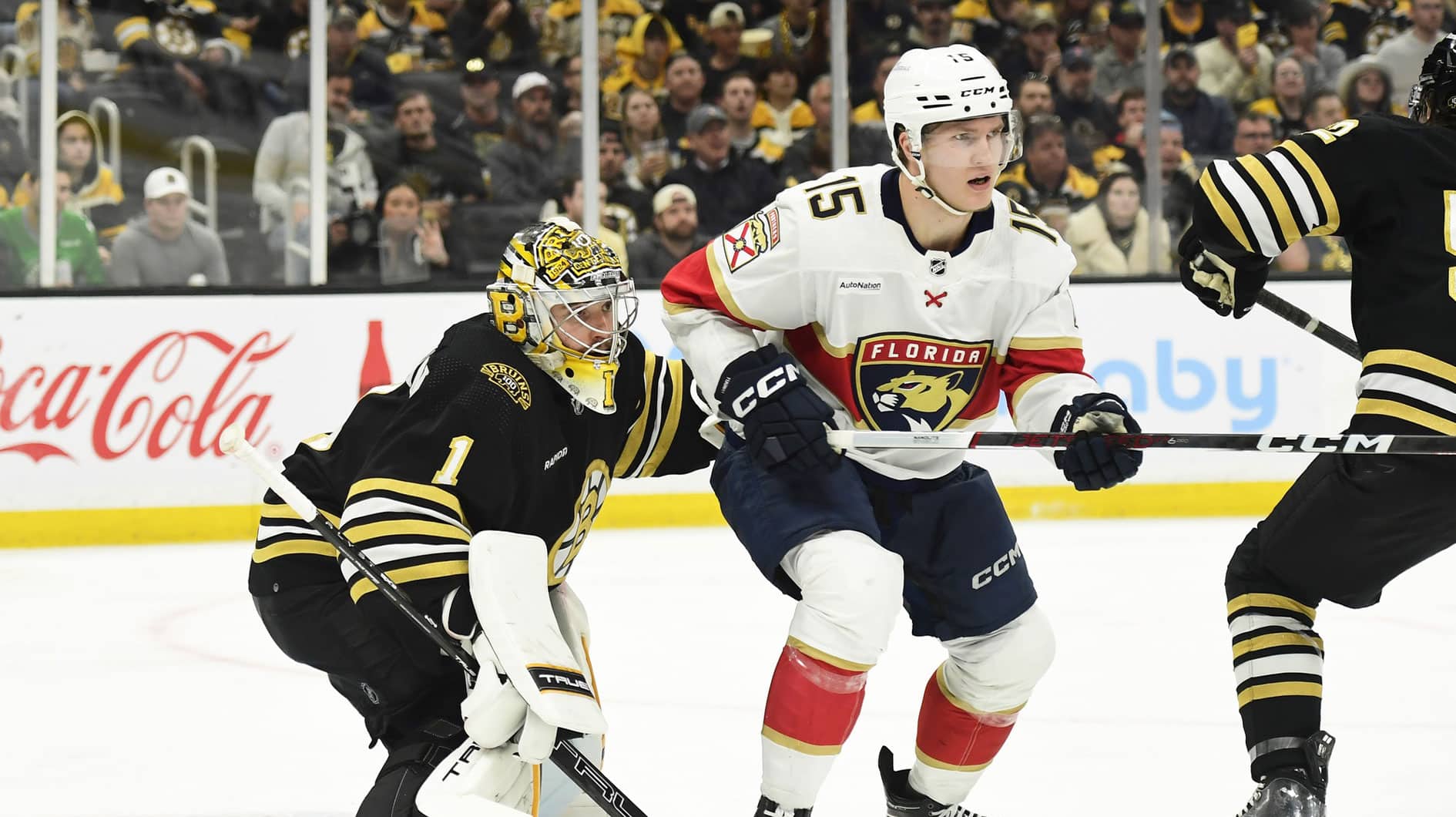 Florida Panthers center Anton Lundell (15) tries to screen Boston Bruins goaltender Jeremy Swayman (1) during the second period in game six of the second round of the 2024 Stanley Cup Playoffs at TD Garden.