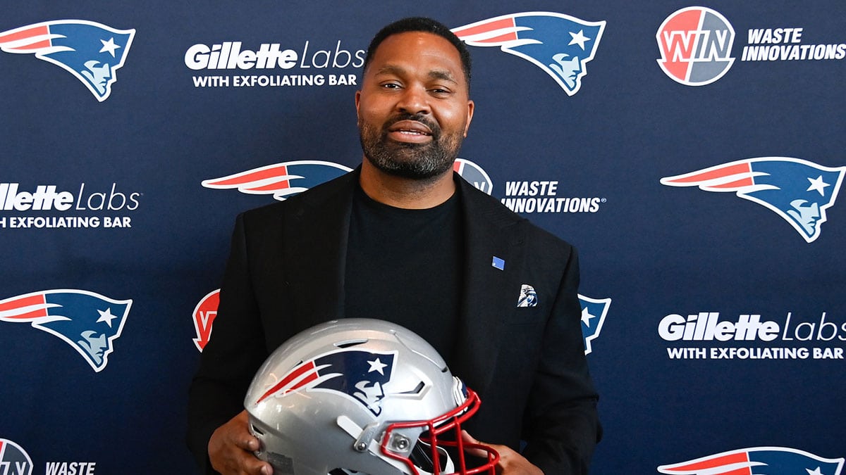 New England Patriots head coach Jerod Mayo poses for a photo at a press conference