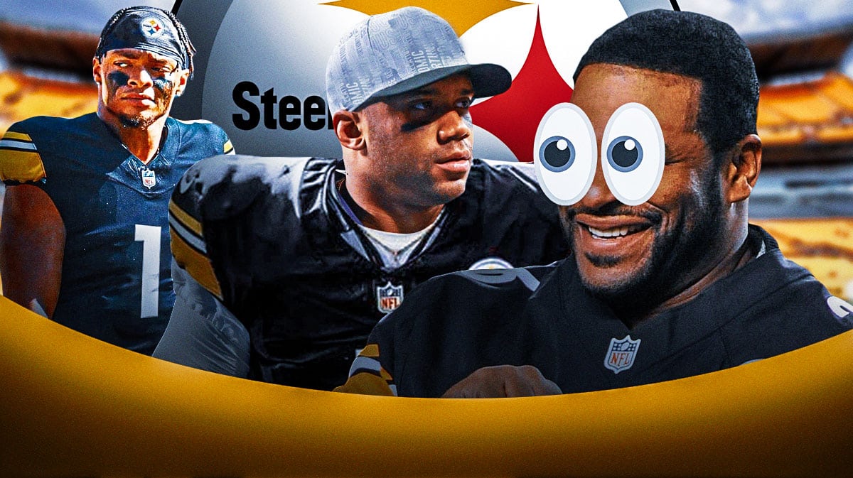 Jerome Bettis with emoji eyes looking at Russell Wilson and Justin Fields