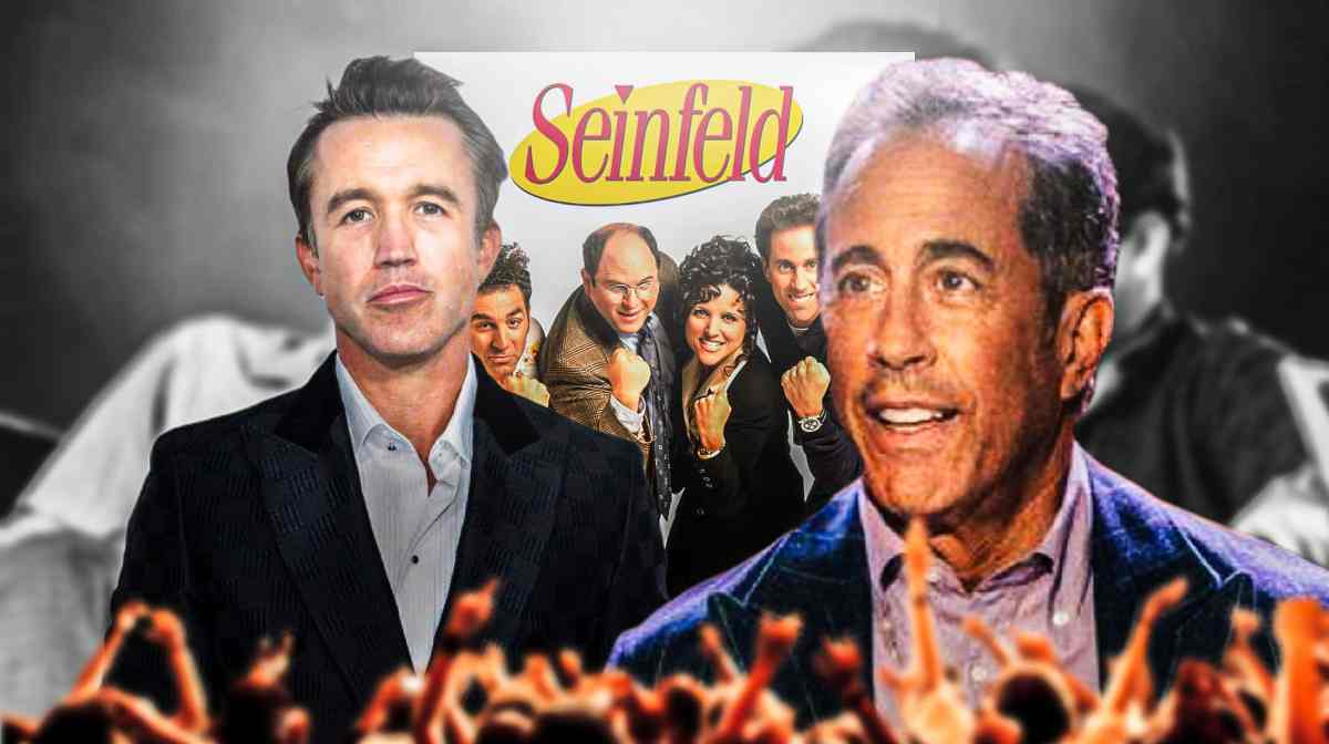 Jerry Seinfeld, Rob McElhenney and a pic of Seinfeld show poster