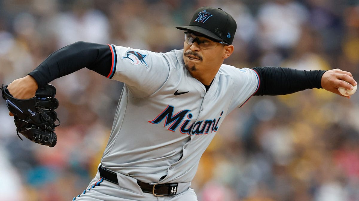 Miami Marlins starting pitcher Jesus Luzardo (44) throws a pitch during the first inning against the San Diego Padres at Petco Park.