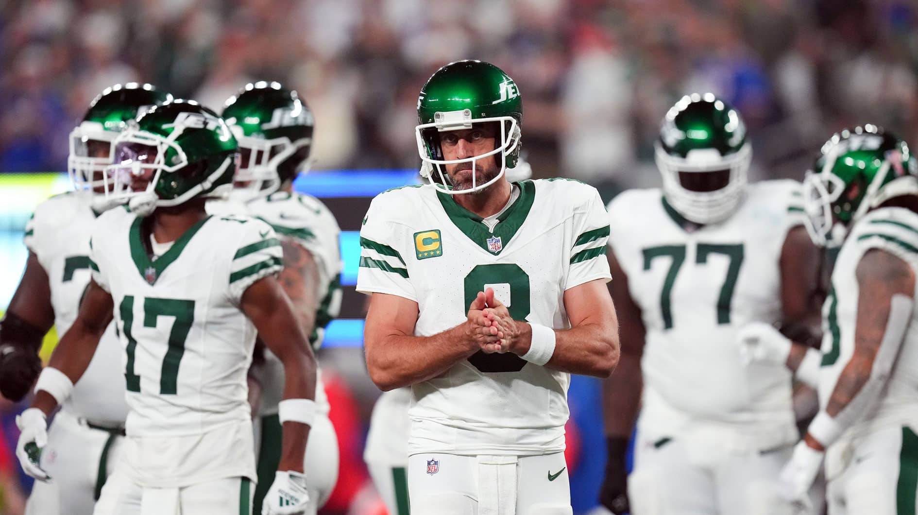New York Jets QB Aaron Rodgers during the 2023 season opener.