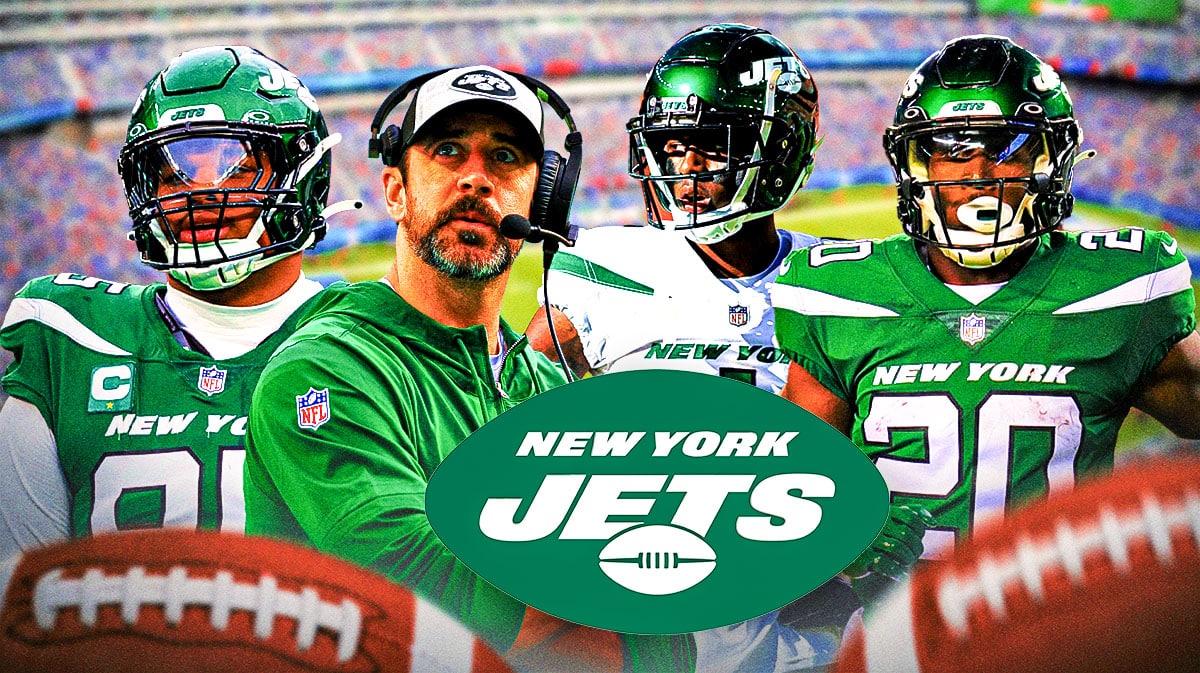 Quinnen Williams, Aaron Rodgers, Sauce Gardner, Breece Hall. MetLife Stadium as background. Jets logo in front.