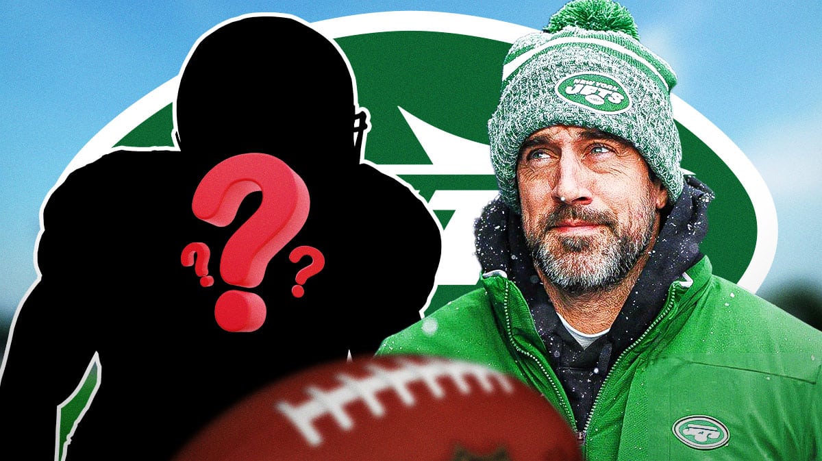 New York Jets QB Aaron Rodgers next to a silhouette of an American football player with a question mark inside. They are next to a logo for the New York Jets.