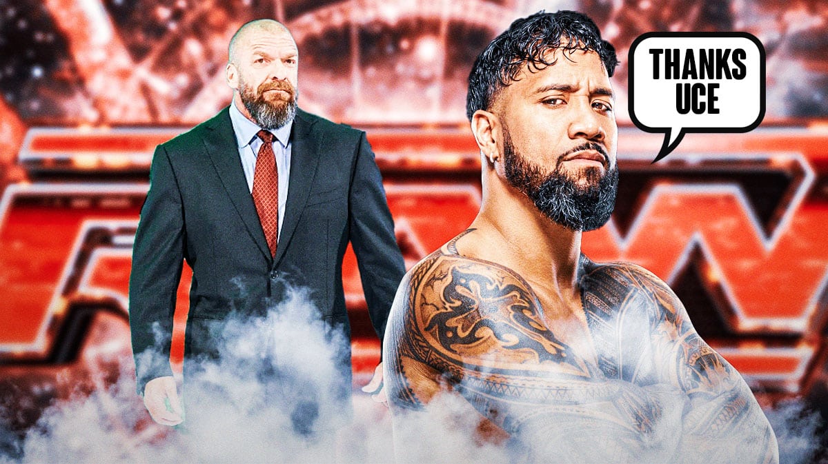 Jey Uso with a text bubble reading "Thanks Uce" next to Triple H with the RAW logo as the background.