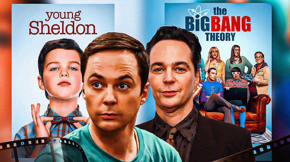 Sheldon Cooper and Jim Parsons with Young Sheldon and The Big Bang Theory posters behind them.