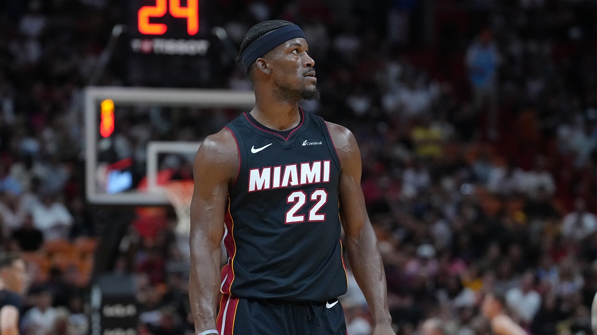 Miami Heat forward Jimmy Butler (22) looks toward the stands as he makes his way down court in the second half against the Utah Jazz at Kaseya Center. 
