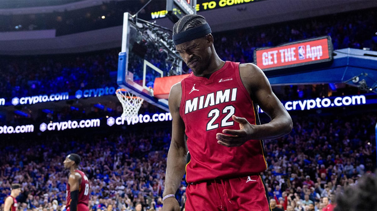 Miami Heat forward Jimmy Butler (22) reacts after a collision during the fourth quarter against the Philadelphia 76ers in a play-in game of the 2024 NBA playoffs at Wells Fargo Center.