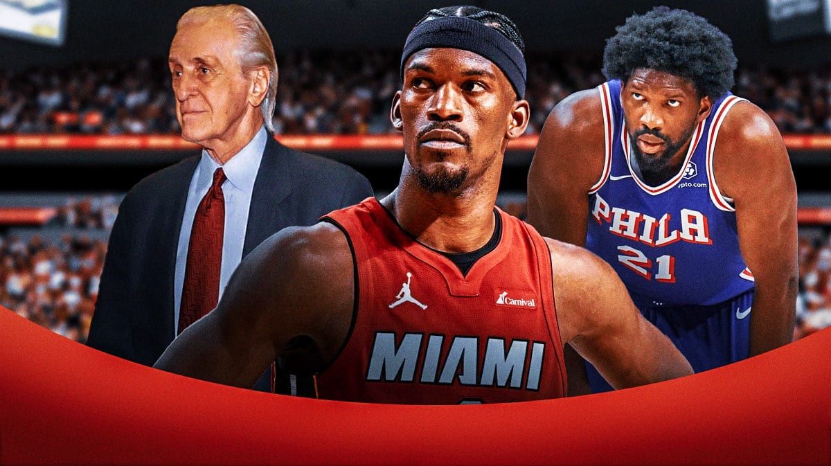 Miami Heat star Jimmy Butler, President Pat Riley, and Philadelphia 76ers star Joel Embiid in front of the Kaseya Center.