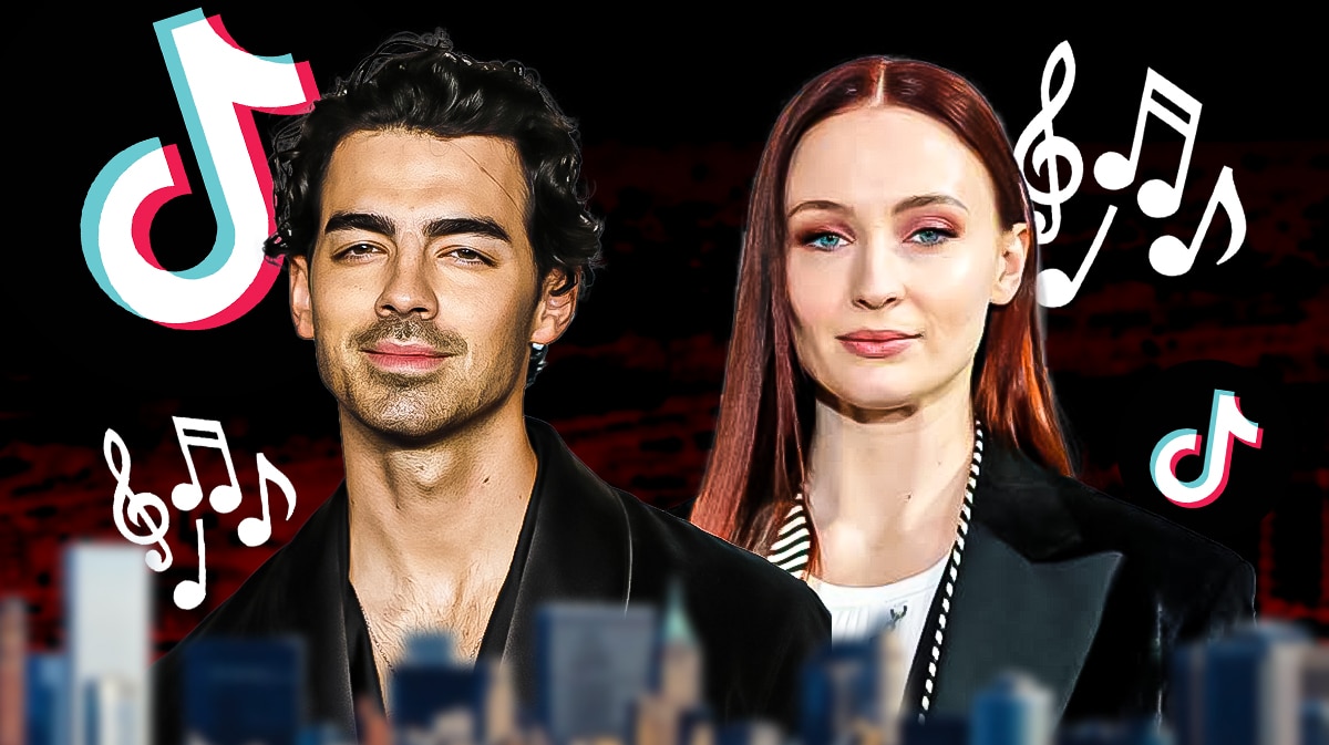 Joe Jonas and Sophie Turner with a TikTok logo and music notes behind them