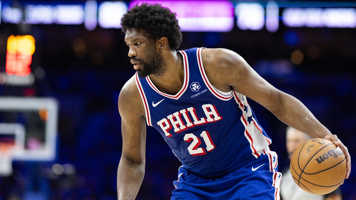 Philadelphia 76ers center Joel Embiid (21) in action against the New York Knicks during game six of the first round for the 2024 NBA playoffs at Wells Fargo Center.