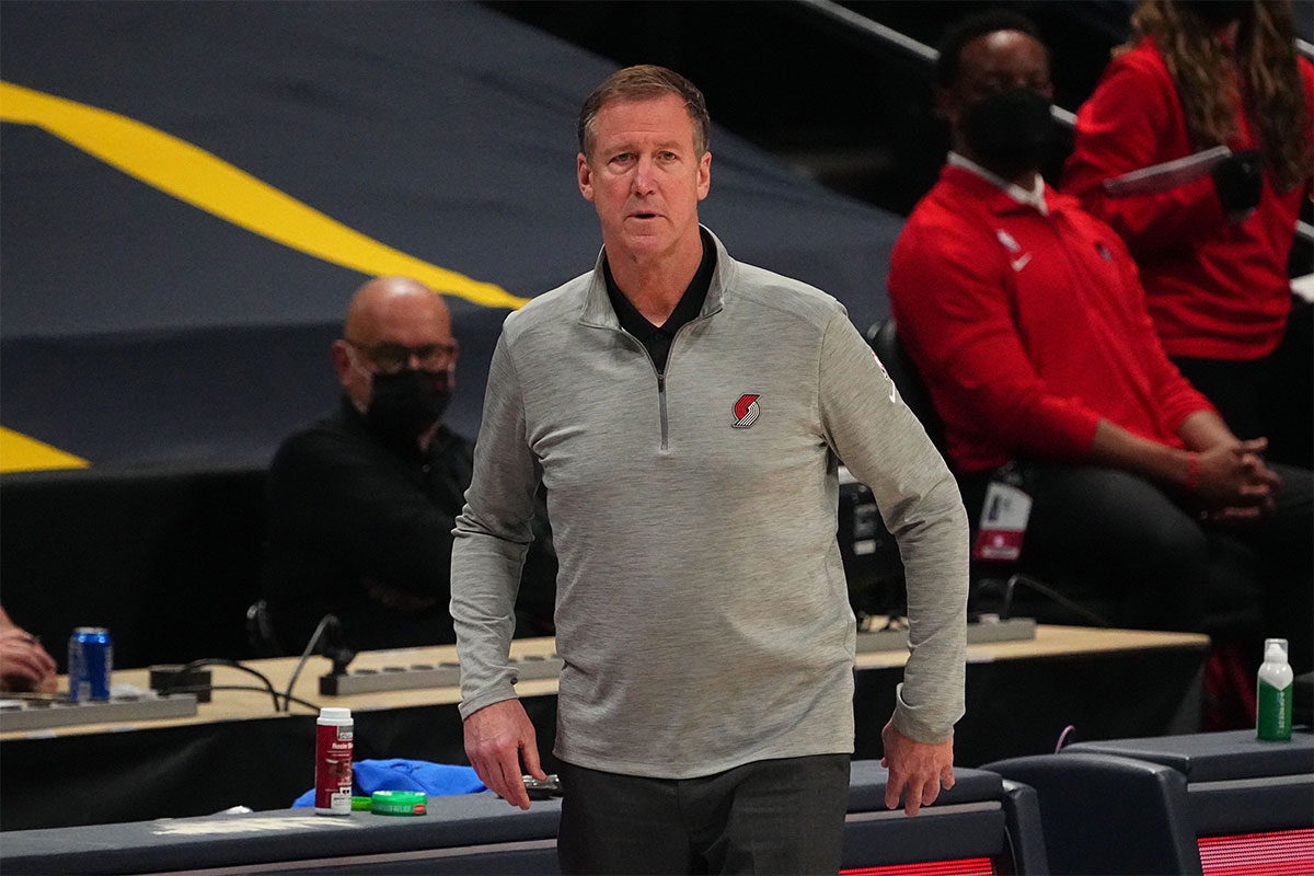 Portland Trail Blazers head coach Terry Stotts during the first quarter against the Denver Nuggets during game five in the first round of the 2021 NBA Playoffs. at Ball Arena. 