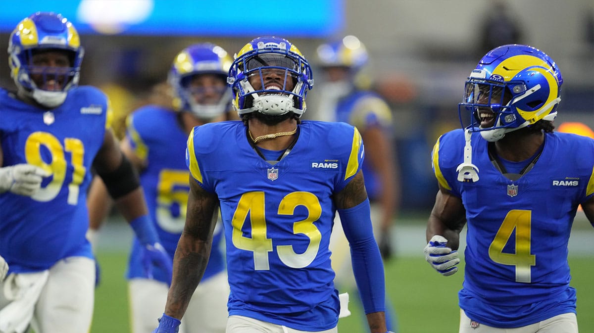 Los Angeles Rams safety John Johnson III (43) celebrates after intercepting a pass against the Washington Commanders in the second half at SoFi Stadium