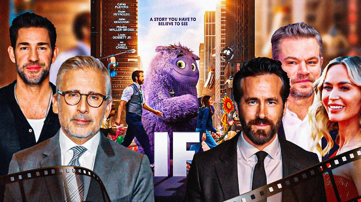 John Krasinski with cast members Steve Carell, Ryan Reynolds, Matt Damon, and Emily Blunt with IF poster.