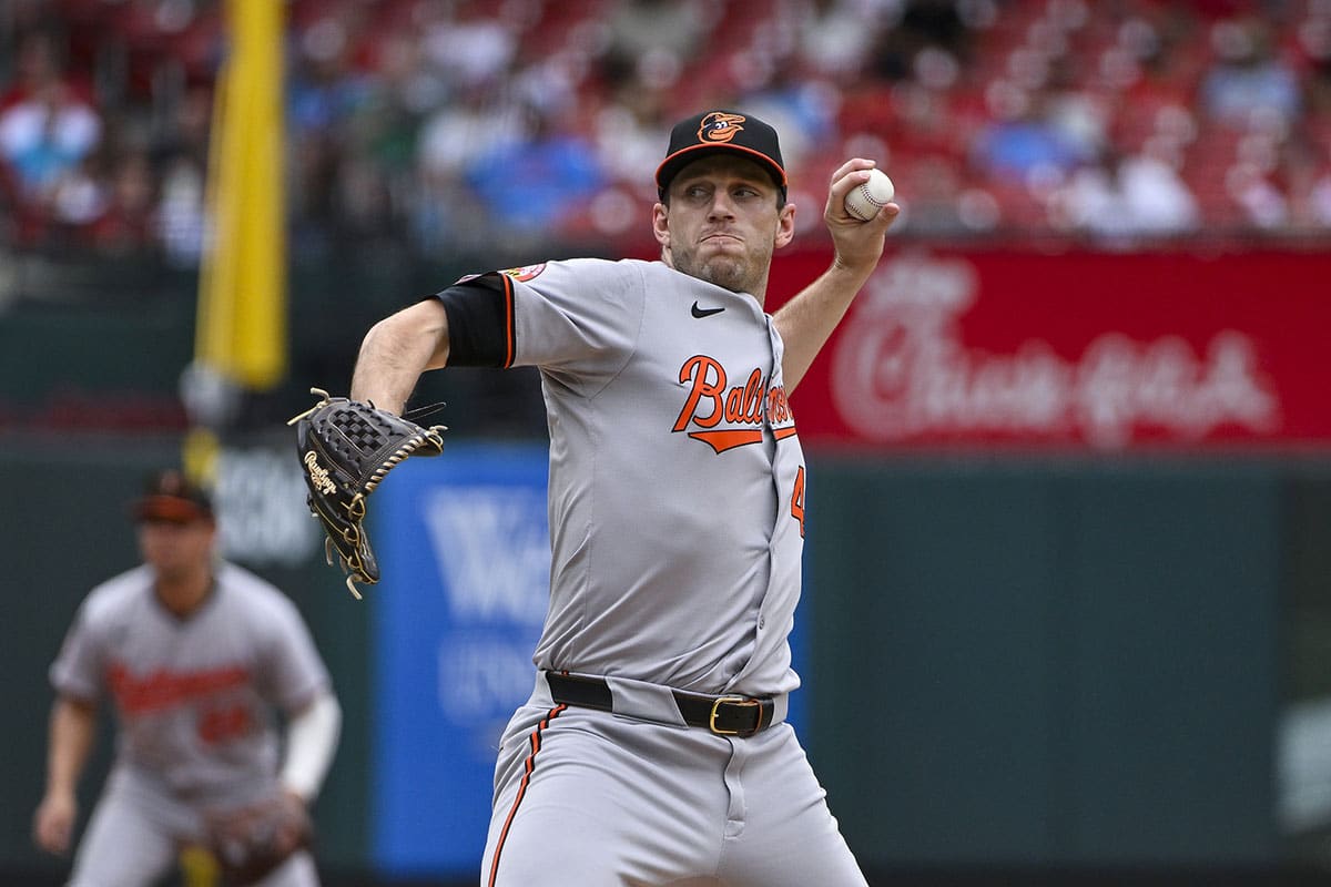 Baltimore Orioles starting pitcher John Means (47) pitches against the St. Louis Cardinals at Busch Stadium.