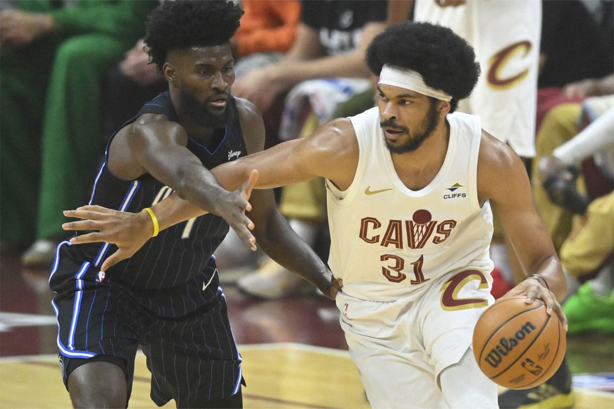 Orlando Magic forward Jonathan Isaac (1) defends Cleveland Cavaliers center Jarrett Allen (31) in the first quarter during game two of the first round of the 2024 NBA playoffs at Rocket Mortgage FieldHouse.