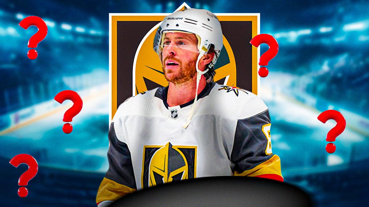 Jonathan Marchessault in image looking thoughtful, 3-5 question marks, Vegas Golden Knights logo, hockey rink in background