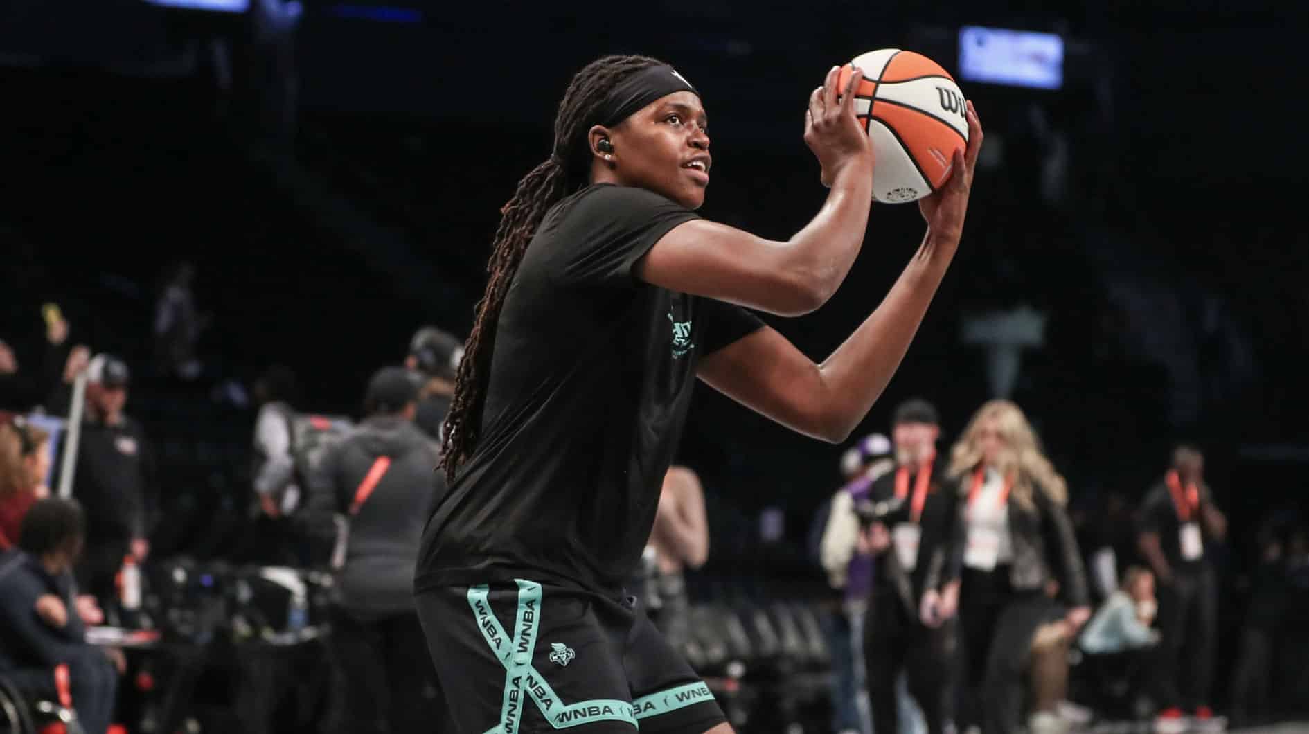 New York Liberty forward Jonquel Jones (35) during pregame warmups prior to game four of the 2023 WNBA Finals at Barclays Center. 
