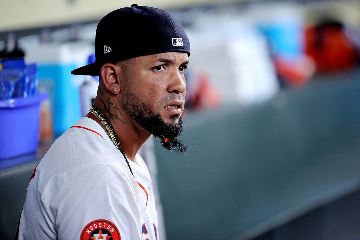 Houston Astros first baseman Jose Abreu (79) in the dugout prior to the game against the New York Yankees at Minute Maid Park.