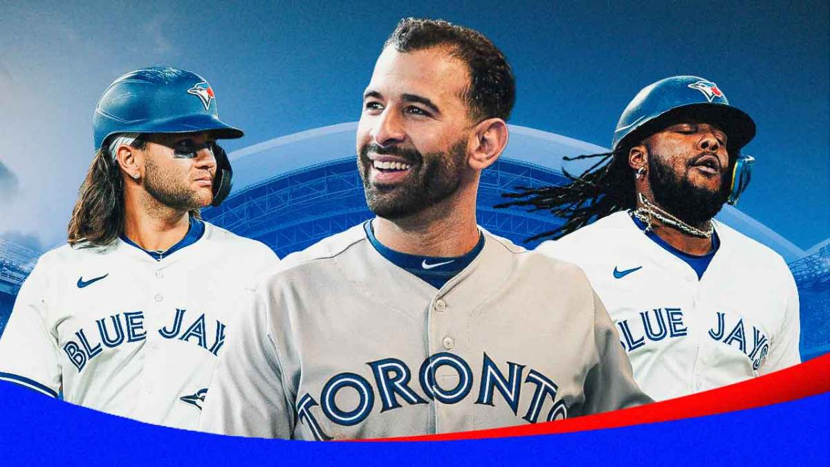 Jose Bautista in Blue Jays uni, smiling, with Vladimir Guerrero Jr. and Bo Bichette looking frustrated beside him
