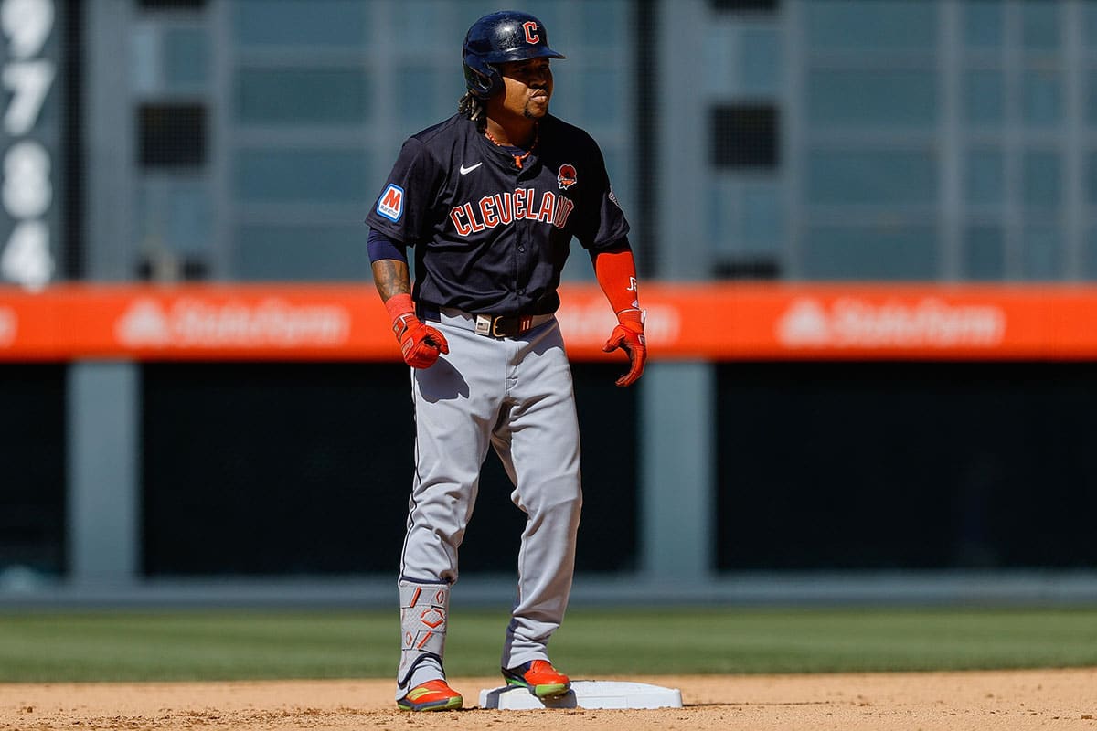 Cleveland Guardians third baseman Jose Ramirez (11) on second after hitting an RBI double in the seventh inning against the Colorado Rockies at Coors Field.