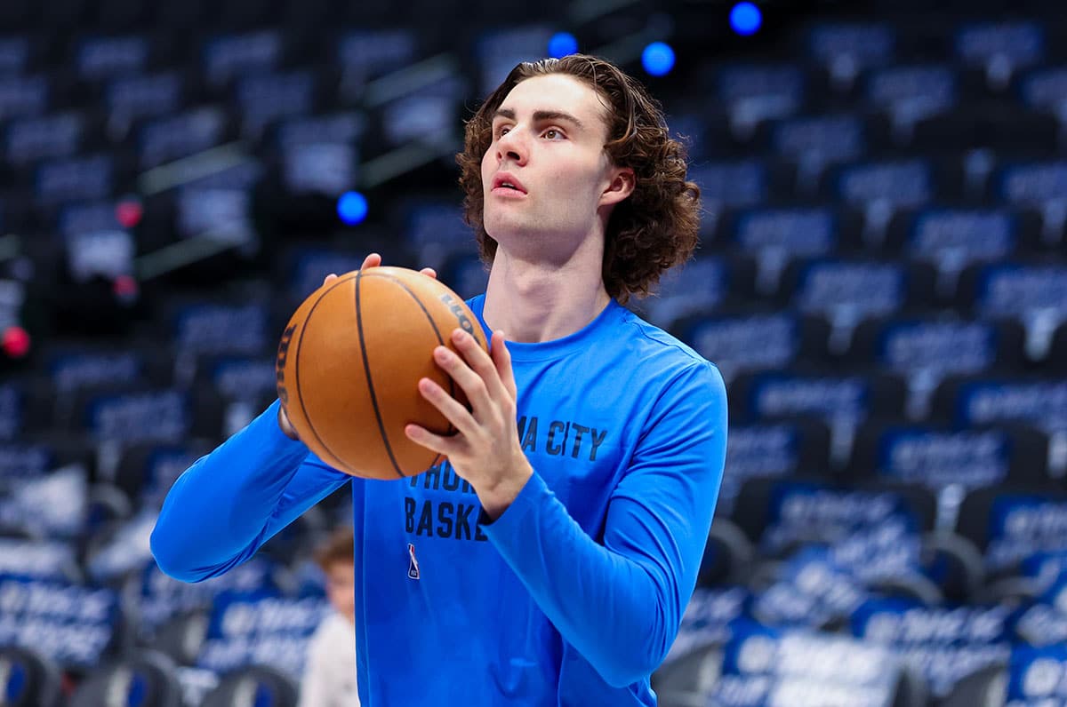 Oklahoma City Thunder guard Josh Giddey (3) warms up before game six against the Dallas Mavericks in the second round of the 2024 NBA playoffs at American Airlines Center.