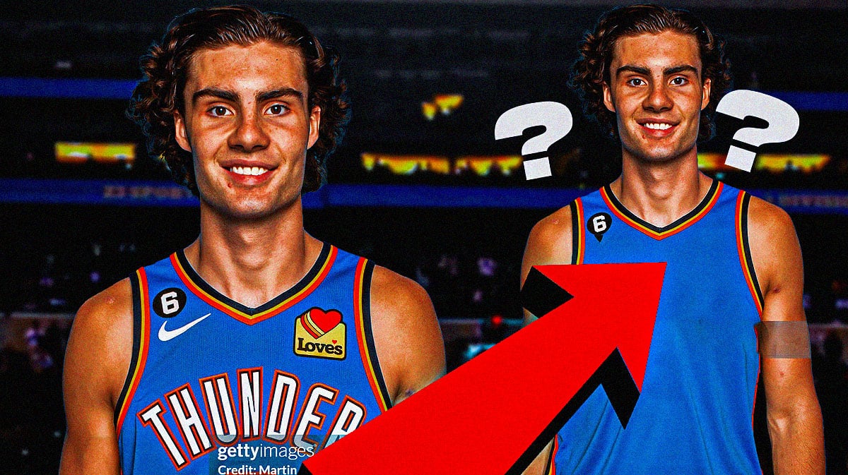 Josh Giddey on one side in an Oklahoma City Thunder jesey with an arrow pointing to Josh Giddey in a blank uniform, a bunch of question marks in the background