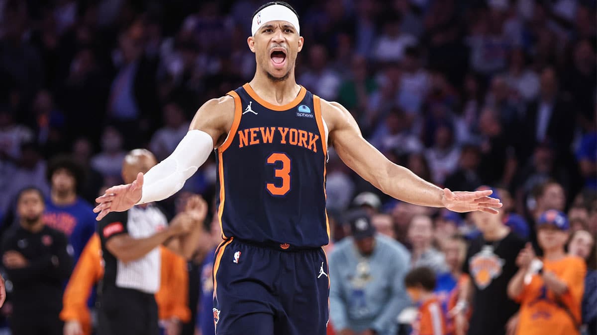 New York Knicks guard Josh Hart (3) celebrates in the fourth quarter against the Indiana Pacers during game two of the second round for the 2024 NBA playoffs at Madison Square Garden. 