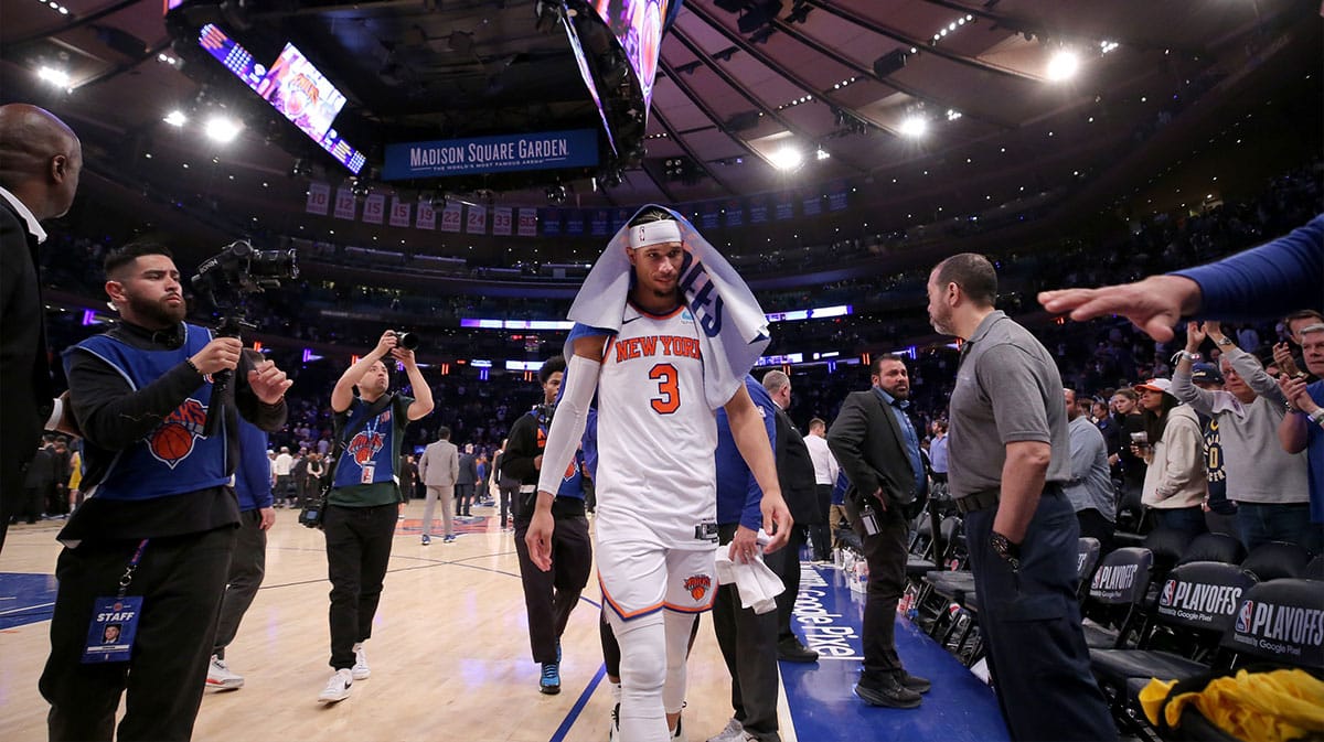 New York Knicks guard Josh Hart (3) walks off the floor after losing in game seven of the second round of the 2024 NBA playoffs against the Indiana Pacers at Madison Square Garden.