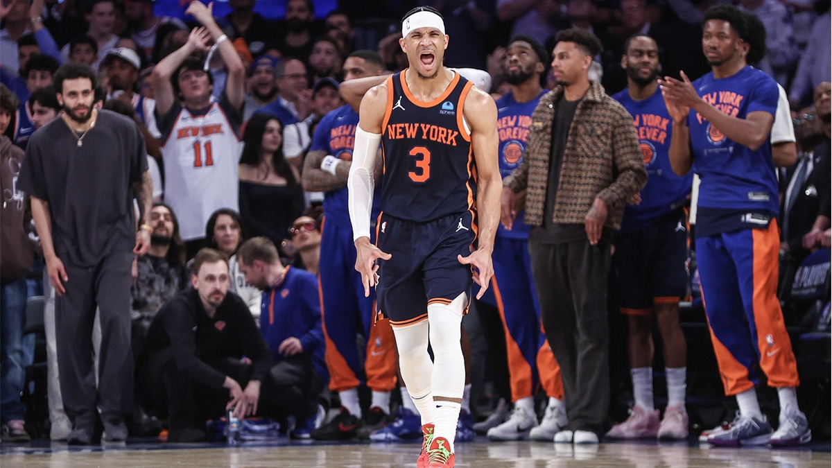  New York Knicks guard Josh Hart (3) celebrates in the fourth quarter against the Indiana Pacers during game two of the second round for the 2024 NBA playoffs at Madison Square Garden.