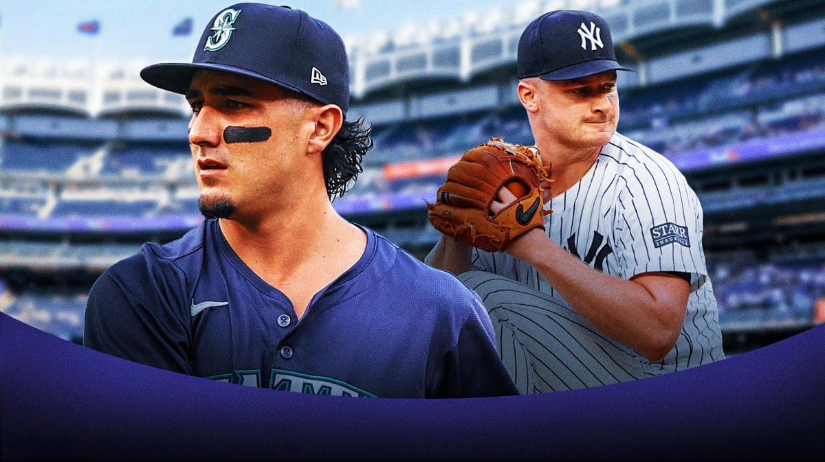 Josh Rojas, Clarke Schmidt. New Yankee Stadium in the background.