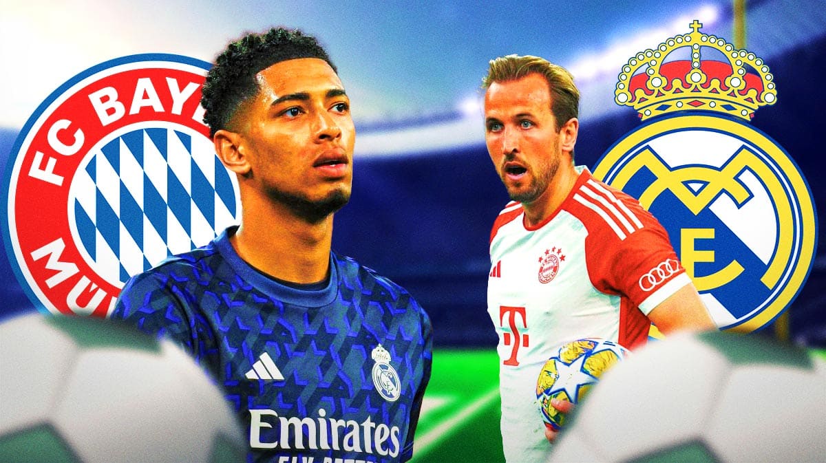 Jude Bellingham and Harry Kane looking towards each other, the Real Madrid and Bayern Munich logos behind them