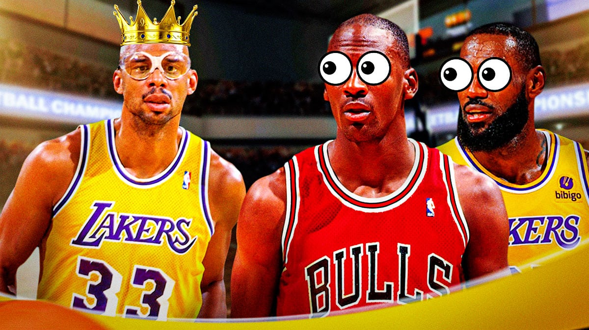 Kareem Abdul-Jabbar with a crown on his head with Michael Jordan and LeBron James looking at him