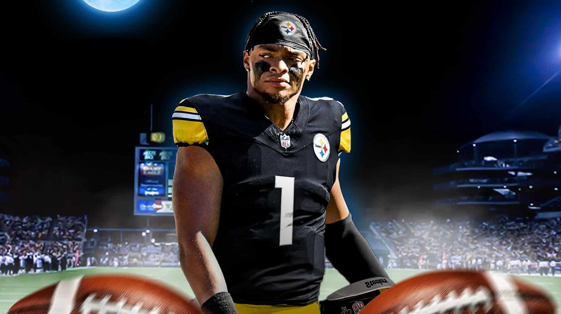 Justin Fields, Jaylen Warren, Steelers, Justin Fields Jaylen Warren, Justin Fields kick return, Justin Fields with Steelers stadium in the background