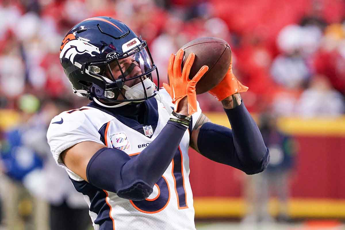 Denver Broncos safety Justin Simmons (31) warms up against the Kansas City Chiefs prior to a game at GEHA Field at Arrowhead Stadium.