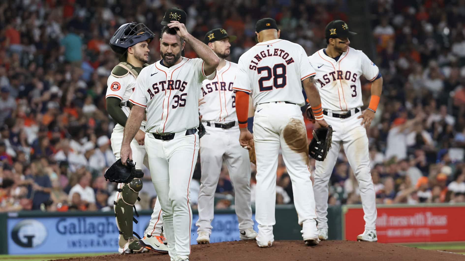 Houston Astros starting pitcher Justin Verlander (35) is taken out of the game against the Milwaukee Brewers in the fifth inning at Minute Maid Park