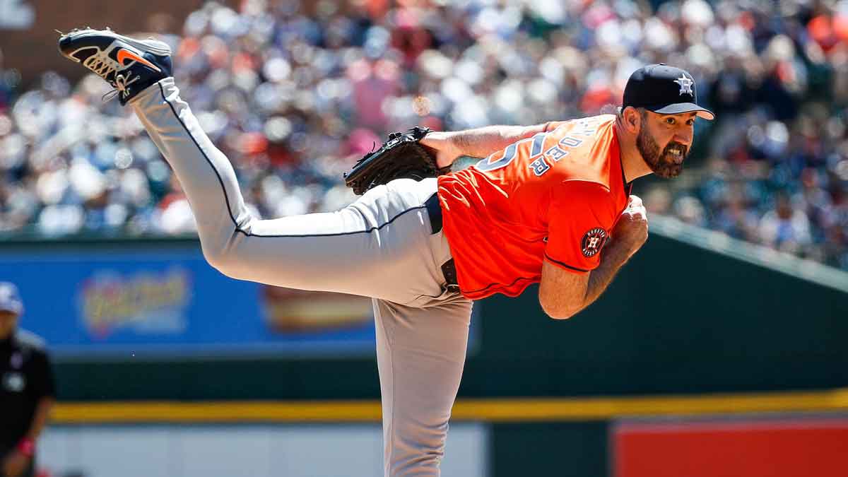 Houston Astros pitcher Justin Verlander (35) pitches against Detroit Tigers during the first inning at Comerica Park in Detroit on Sunday, May 12, 2024.