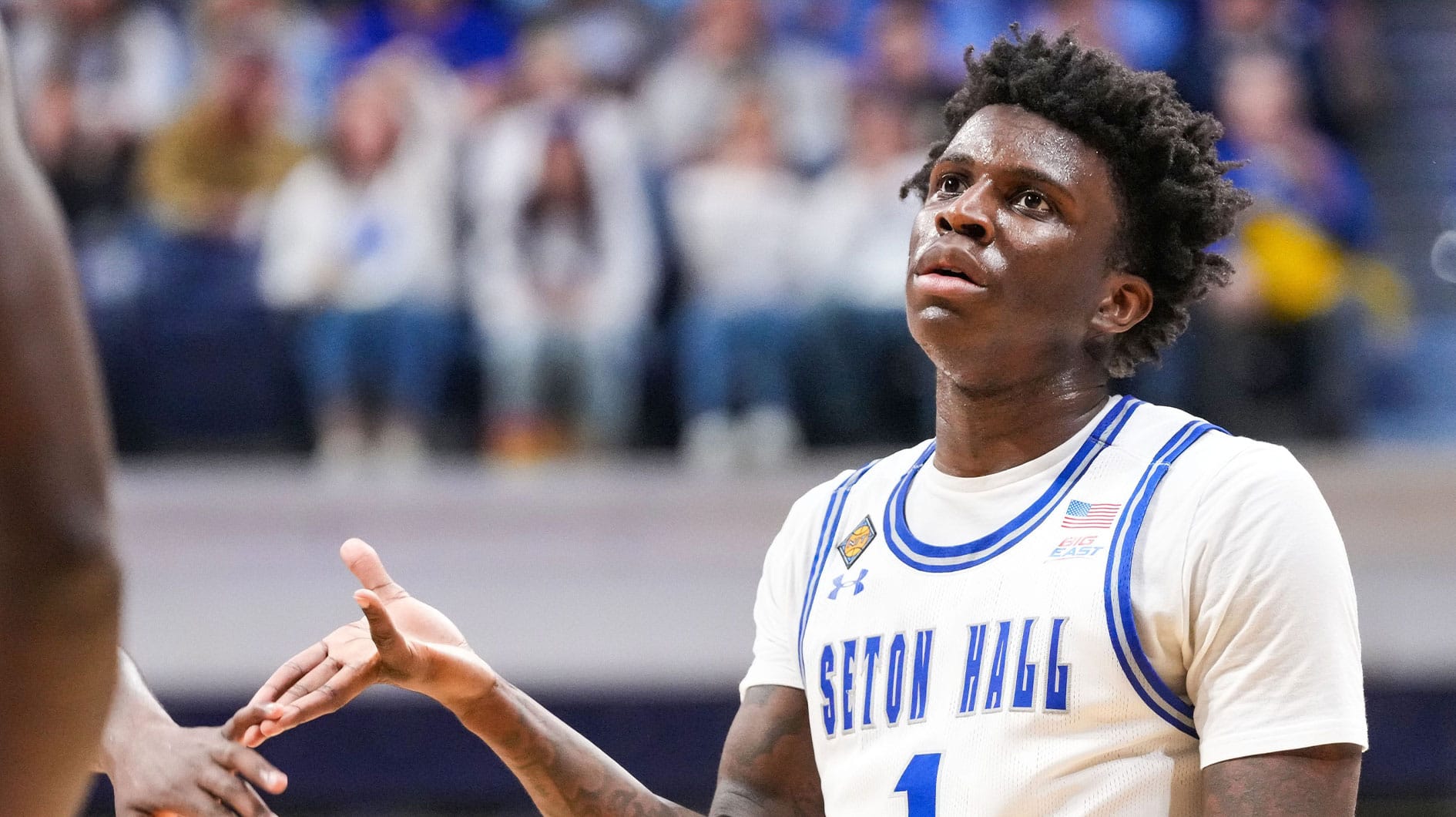 Seton Hall Pirates guard Kadary Richmond (1) high-fives a teammate on Thursday, April 4, 2024, during the NIT championship game at Hinkle Fieldhouse in Indianapolis. The Seton Hall Pirates defeated the Indiana State Sycamores, 79-77.