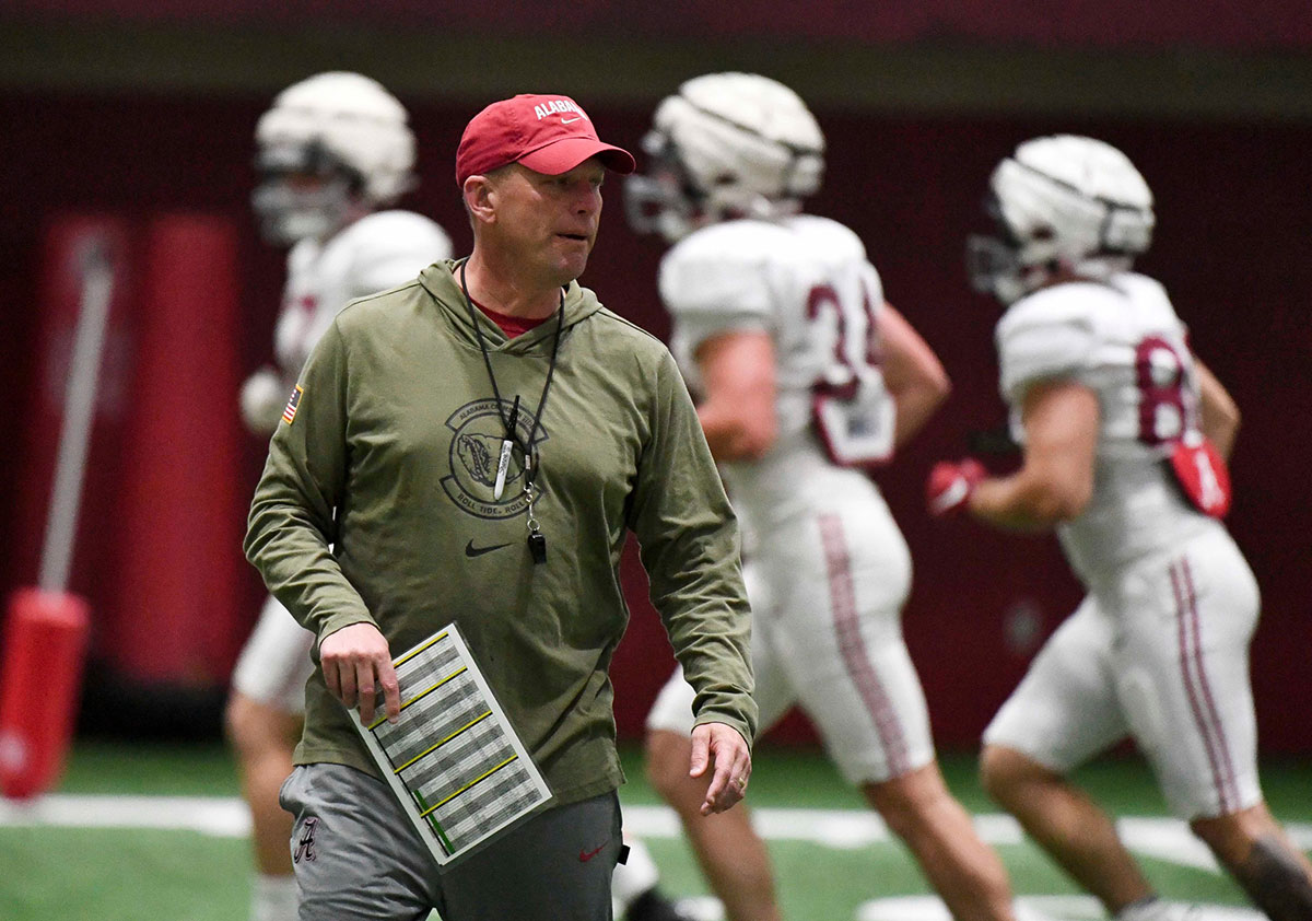 Alabama head coach Kalen DeBoer coaches his team during practice in the Hank Crisp Indoor Practice Facility at the University of Alabama.