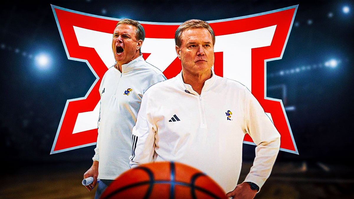 Kansas basketball coach Bill Self, with a Big 12 logo behind him.