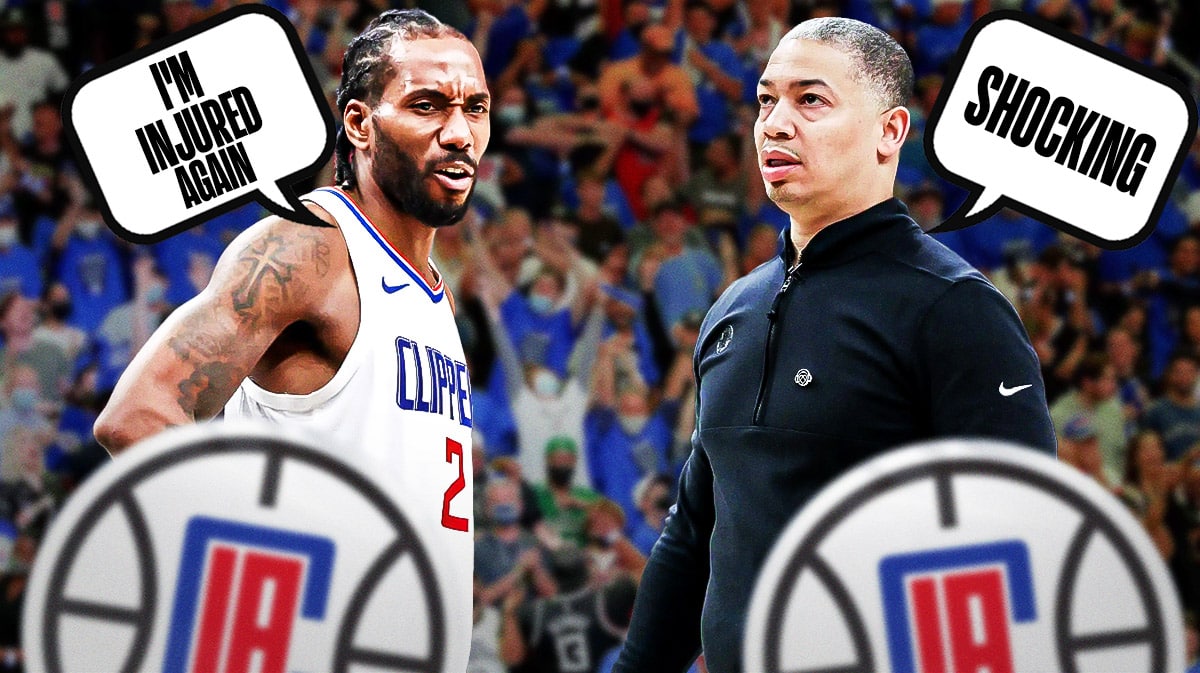 Kawhi Leonard in uniform with speech bubble "I'm injured again" and Ty Lue responds "Shocking"