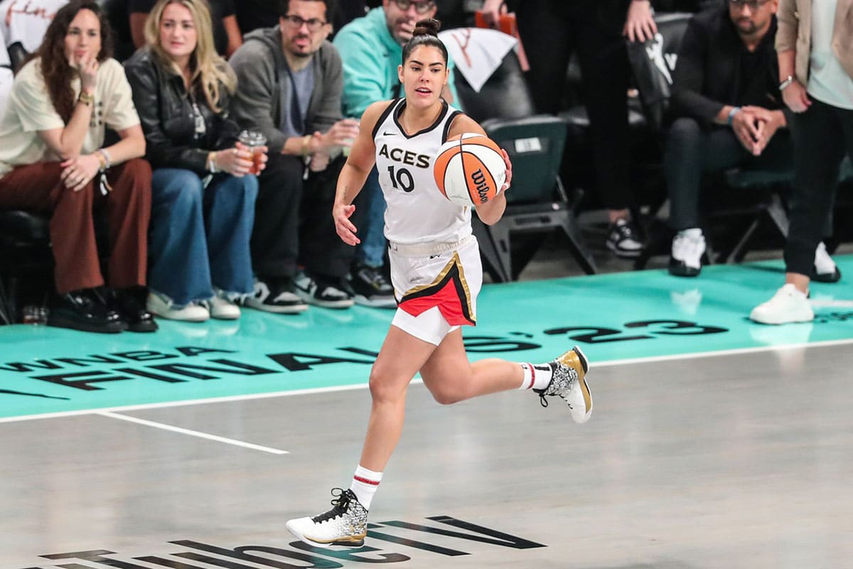 Las Vegas Aces guard Kelsey Plum (10) during game three of the 2023 WNBA Finals at Barclays Center.